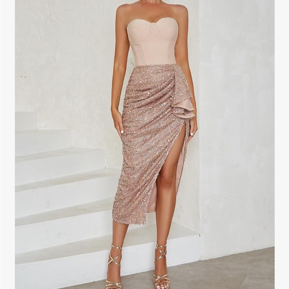 Amazon Strapless Pink and Gold Dress